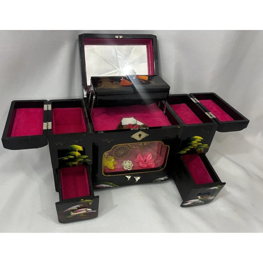 Vintage Japanese Black Lacquer Musical Jewelry Box- Window Diorama